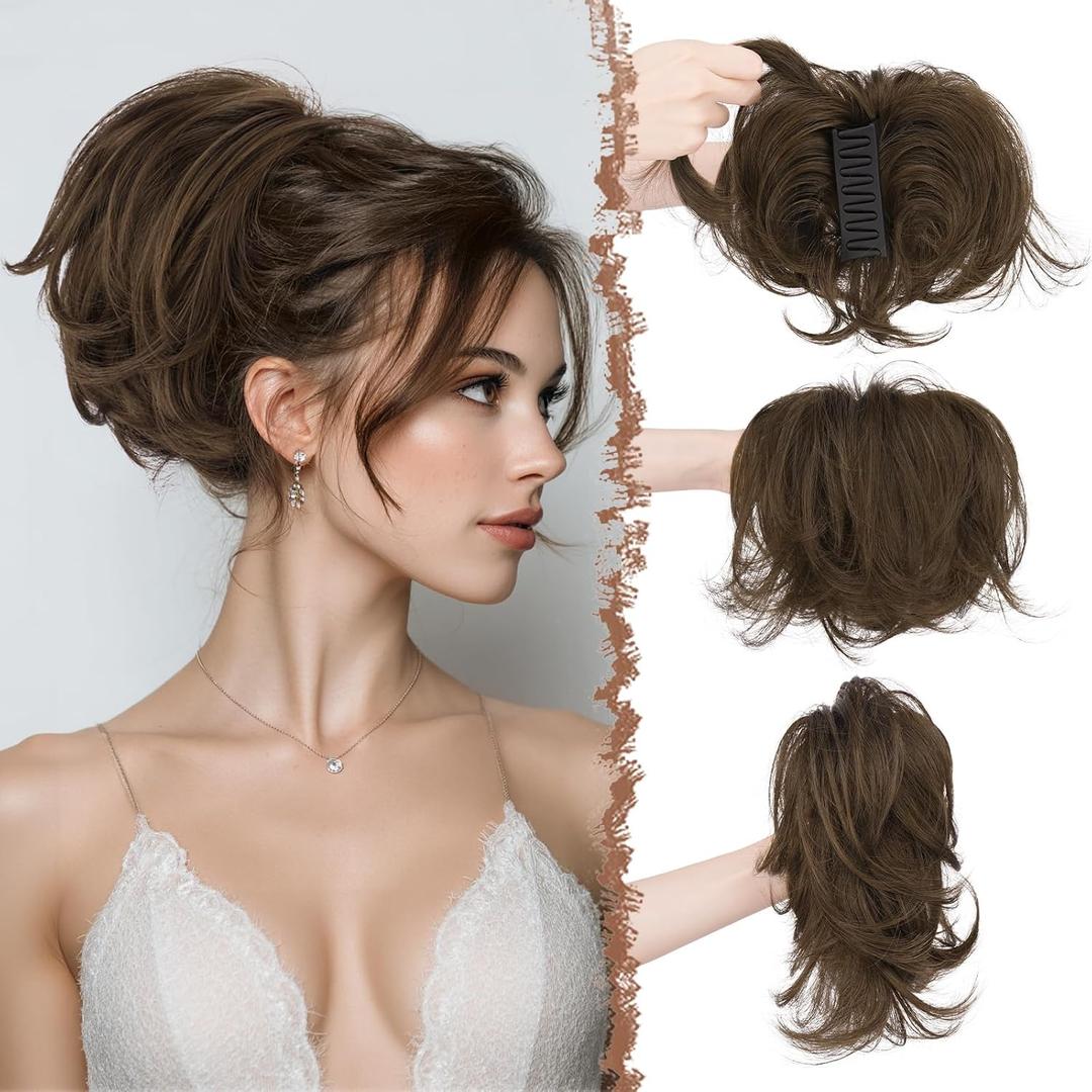 FESHFEN Claw Clip Short Ponytail Extensions - DIY Bendable Metals Fluffy Messy Bun Hair Piece Straight Synthetic Hairpieces Ponytail Extension for Women, Chestnut Brown