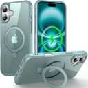 Magnetic Compatible with iPhone 16 Case with Stand [Military Grade Drop Tested][Compatible with Magnet] Ring Translucent Slim Hard Back Soft Edge, Teal Green