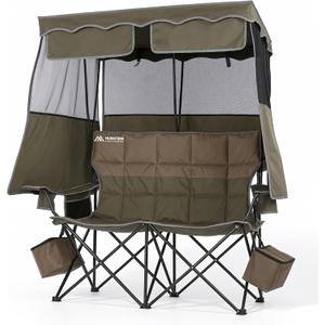 Padded Double Camping Chair With Canopy,Folding Chair Support 450LBS, Green