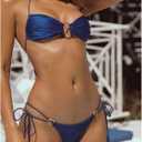 SOLY HUX Bathing Suit for Women Halter Ring Linked Tie Side Bikini Sets Two Piece Swimsuit (Blue, S)
