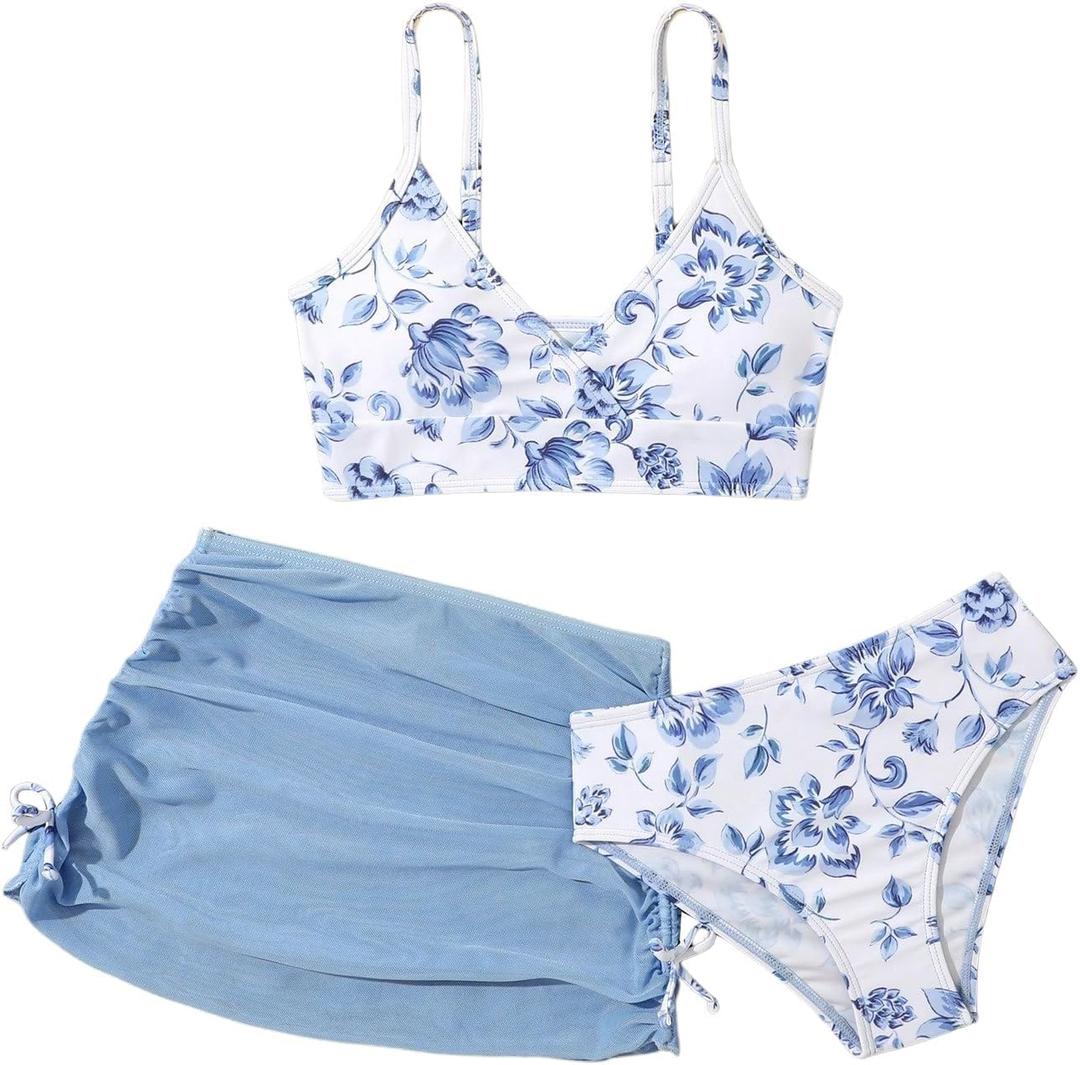 QJQ Girl's 3 Piece Floral Swimsuit Cute V Neck Bikini Set High Waisted Bathing Suit Sheer Mesh Cover Up Skirt (Blue)б 10YR