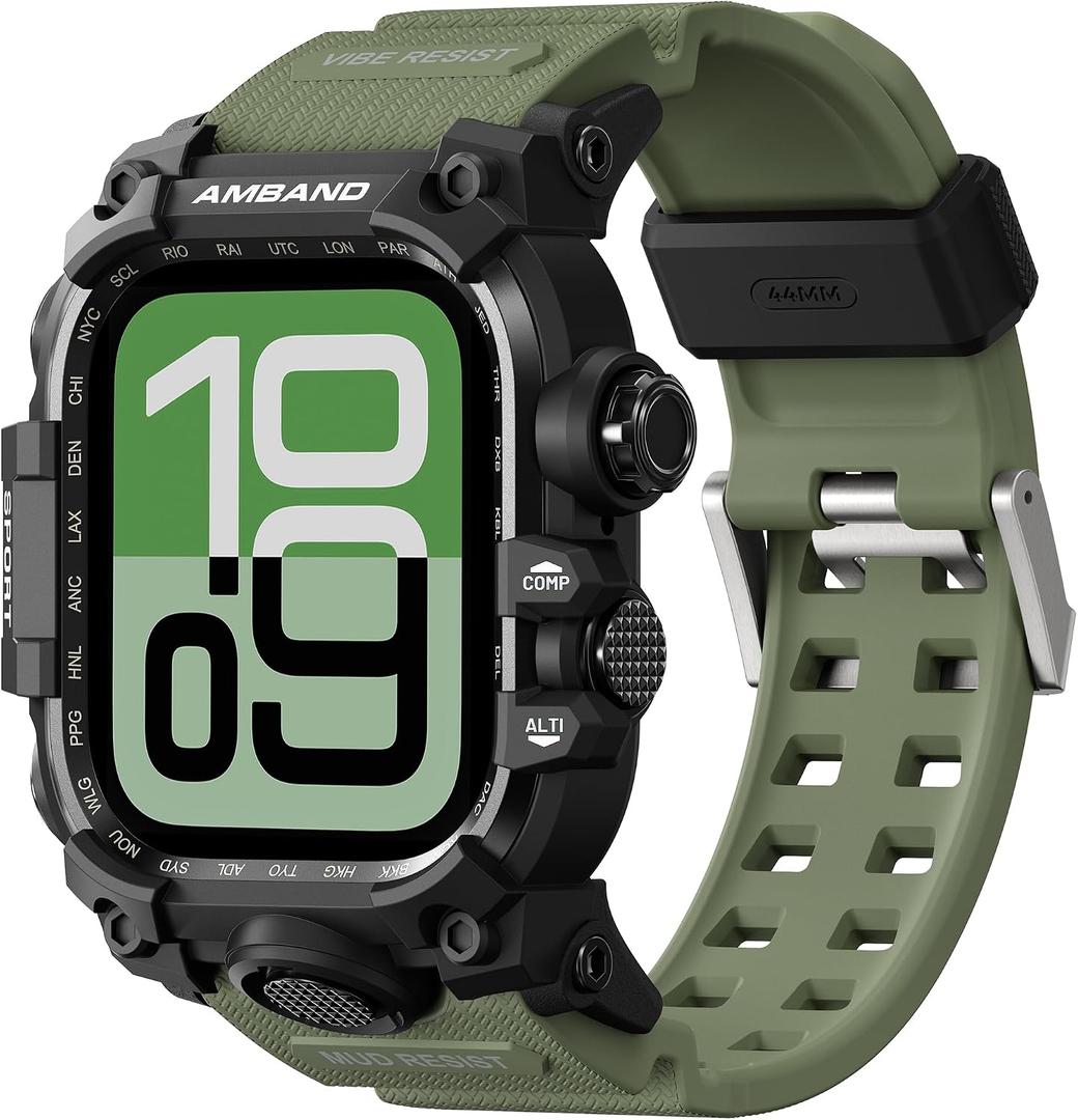 amBand Rugged Case with Band for Apple Watch 44mm, Compatible with iWatch Series SE 3/SE 2nd Generation/SE/6/5/4, Military Grade Shockproof Bumper Cover, Tactical Band for Men, Army Green