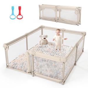 Baby Playpen,59"x59" Foldable Playpen for Babies and Toddlers with Gate,Large Play Pen with Zipper Door,Baby Play Pen Play Area(Khaki)