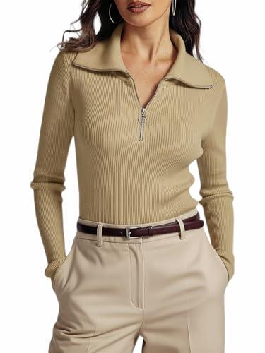 Prettywear Womens 2024 Fall Sweater Tops Long Sleeve Zipper V Neck Ribbed Knit Slim Fit Collared Work Basic Shirts(Khaki,M)