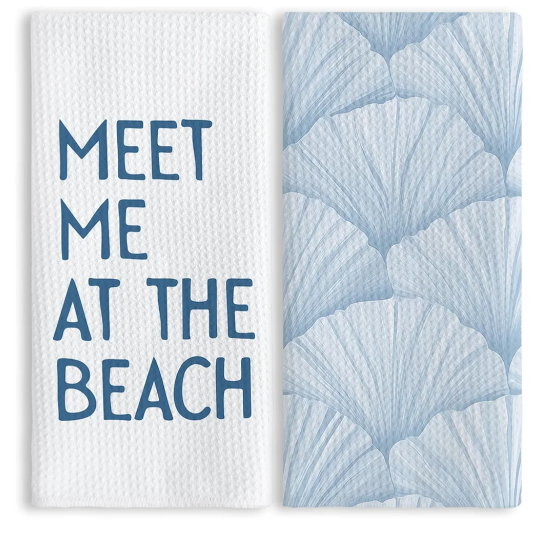 TNUW Blue Coastal Beach Kitchen Towels 16x24 Inch Set of 2, Meet Me at The Beach Hand Towels for Bathroom Decor, Ocean Seashell Dish Tea Towels for Kitchen, Coastal Beachy Bathroom Decor