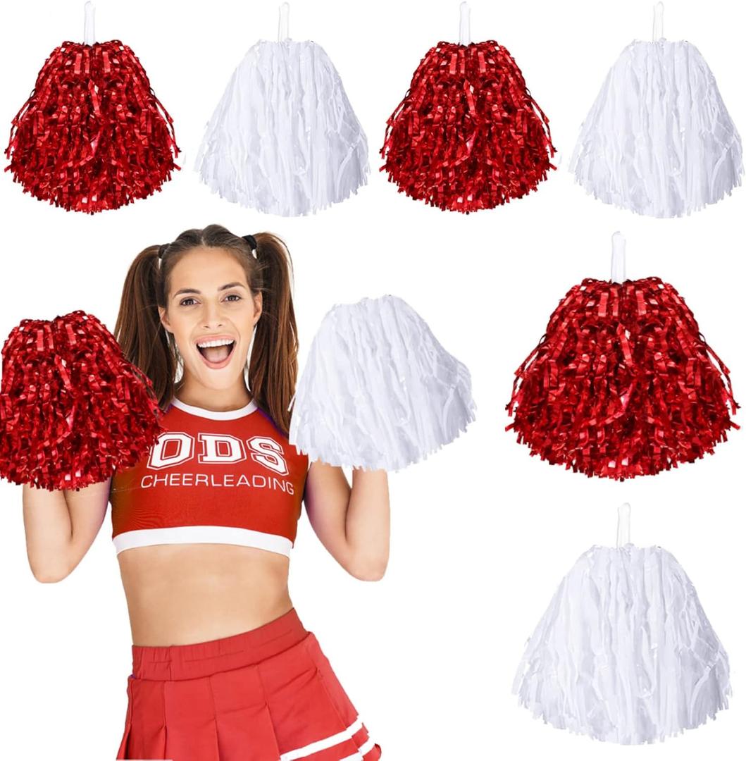 Pom Poms Cheerleading Metal Foil Cheerleading Pom Poms with Plastic Handles Cheer Pom Poms for Cheering in Sports Meet Field and Other Festive Occasions, 30 Grams (red and white)