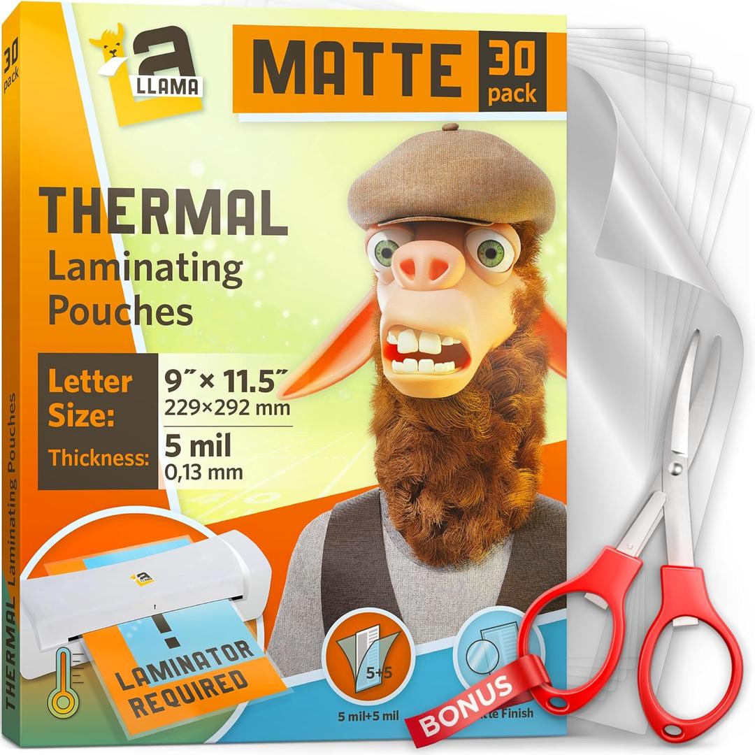 Matte Thermal Laminating Pouches, Matte Finish, 9 x 11.5 Inches 5 MIL Thickness, 30 Pack, Fitted for Letter Size Laminating Sheets 8.5 x 11