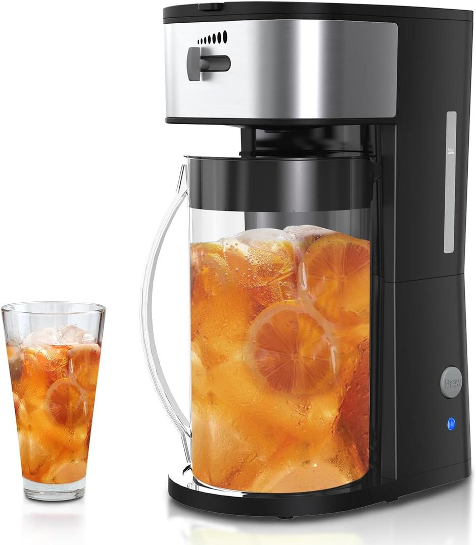 Iced Coffee Tea Maker with Reusable Filter Basket, 3 QT Pitcher, Iced Tea and Coffee Machine , Tea Makers for Iced Tea, Lattes, Lemonade and Flavored Water, Adjustable Brew Strength, Black and Silver