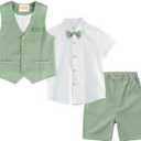 LOLANTA Boys Linen Suit 4 Piece Summer Gentleman Outfit Kids Dress Vest Shirt Shorts Set for Beach Wedding Graduation, Green, Size 6