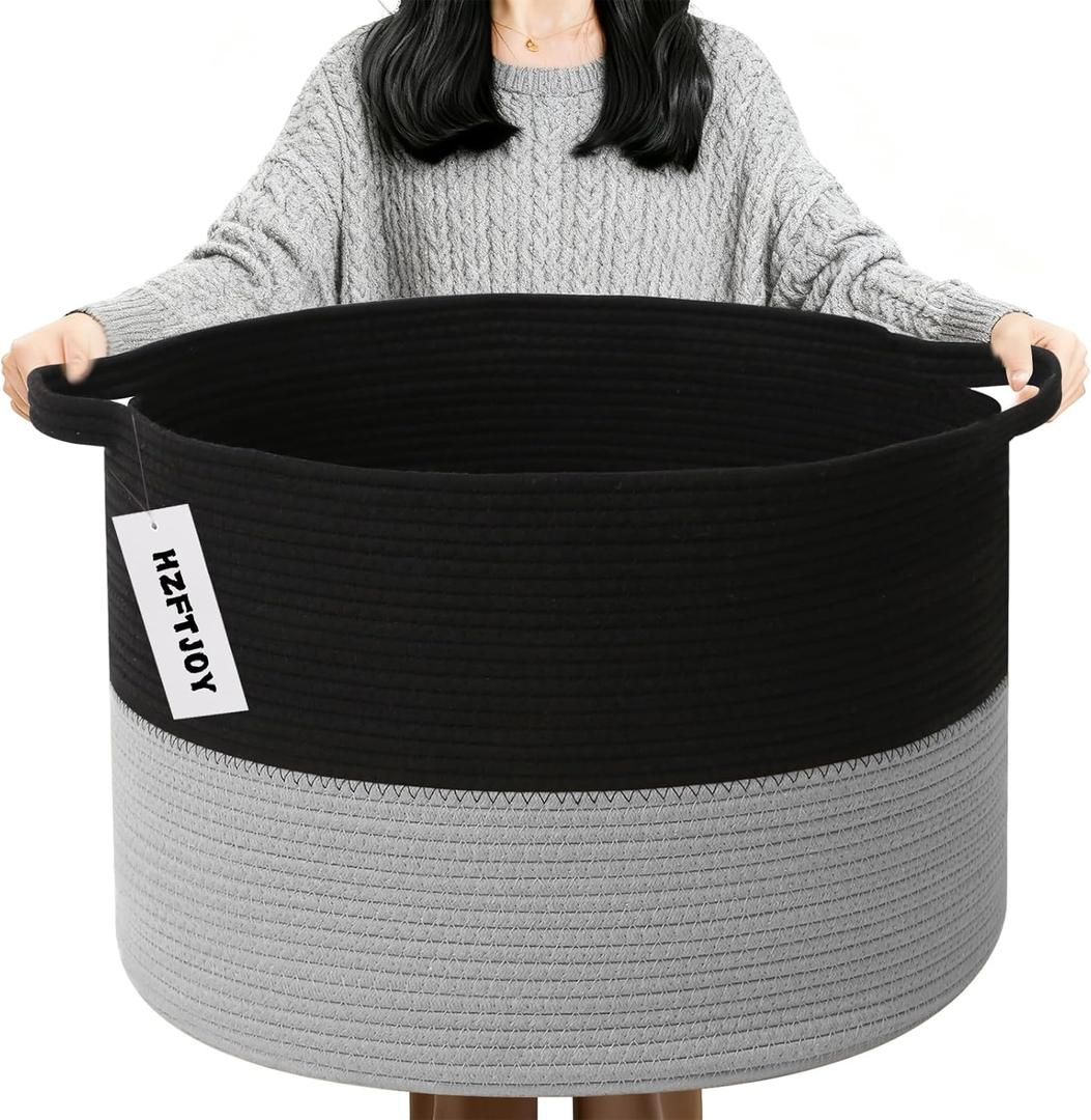 Large Blanket Basket for Organizing, 65L Closet Organizers and Storage Bins Box for Shelves Woven Rope Storage Baskets, Living Room, Bedroom, Dorm, Laundry room (Black&Light Grey)