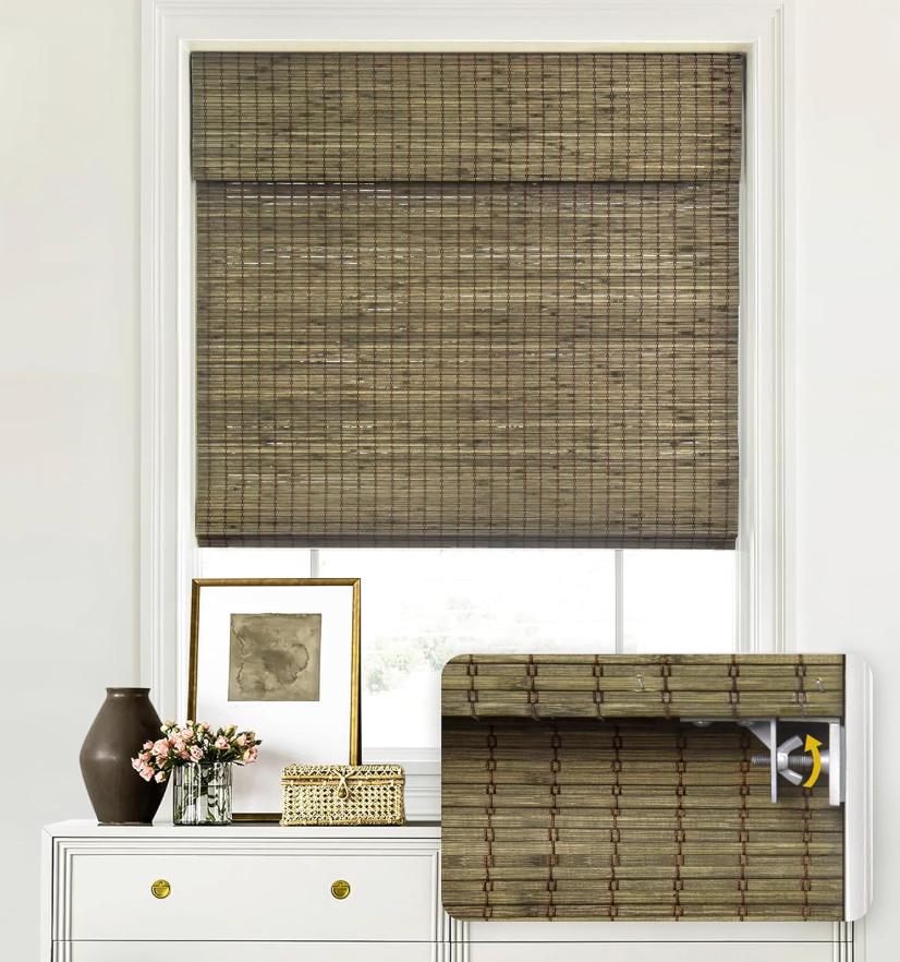 LazBlinds No Tools No Drill Cordless Bamboo Roman Shades, Privacy Window Treatment, Roll Up Bamboo Blinds for Windows 36'' W x 64'' H, Driftwood