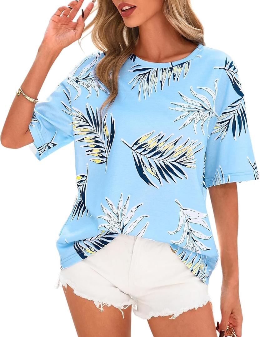 PRETTYGARDEN Summer Leopard Print Tops for Women Short Sleeve Crew Neck Floral T Shirts Casual Blouses (S)