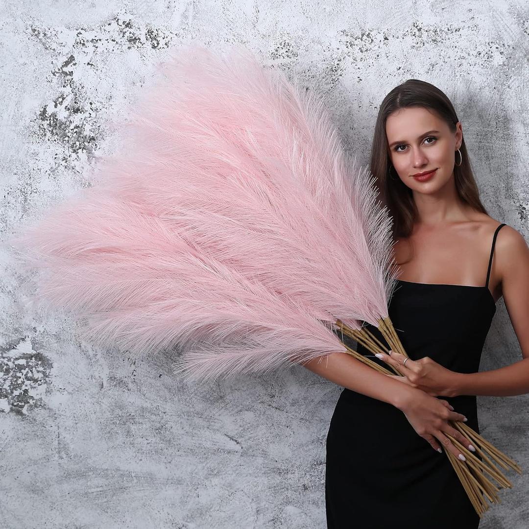 8 Pcs 45 inch Tall Faux Pampas Grass Decor, Large Artificial Pink Pompous Grass Bulk, Long Fake Pompas for Floor Vase Filler, Wedding, Baby Shower, Home and Boho Decor (Pink)