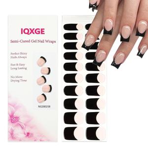 Semi Cured Gel Nail Strips, Long Lasting Gel Nail Stickers with UV Light Needed, 20 Waterproof Full Wraps for Women with 1 File, 1 Wood Stick&2 Prep Pad-Black French