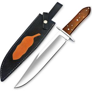 Handmade D2 Steel 14 Inches Full Tang Bowie Knife with leather sheath, Hunting knife with Wood Handle and steel Guard Ideal for Bushcraft, Camping, Survival, Hunting & outdoor use (I9S6)