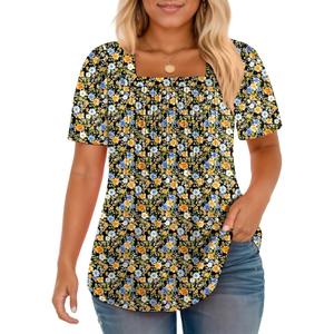VISLILY Plus-Size-Womens-Summer-Tops Trendy Square Neck T Shirts Cute Flowy Pleated Tunics Casual Short Sleeve Blouses (XX-Large, 08_yh004)