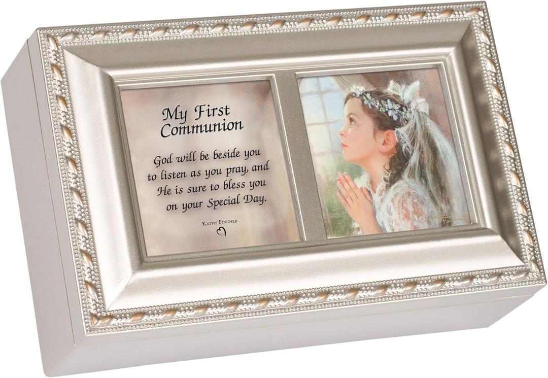 Cottage Garden First Communion God Beside You Brushed Silvertone Jewelry Music Box Plays Amazing Grace