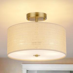 13" Boho Woven Rattan Ceiling Light Fixture, 3-Light Semi Flush Mount Modern Drum Lamp with Beige Fabric Shade, Rustic Lighting for Bedroom, Living Room, Dining Room, Hallway and Entryway