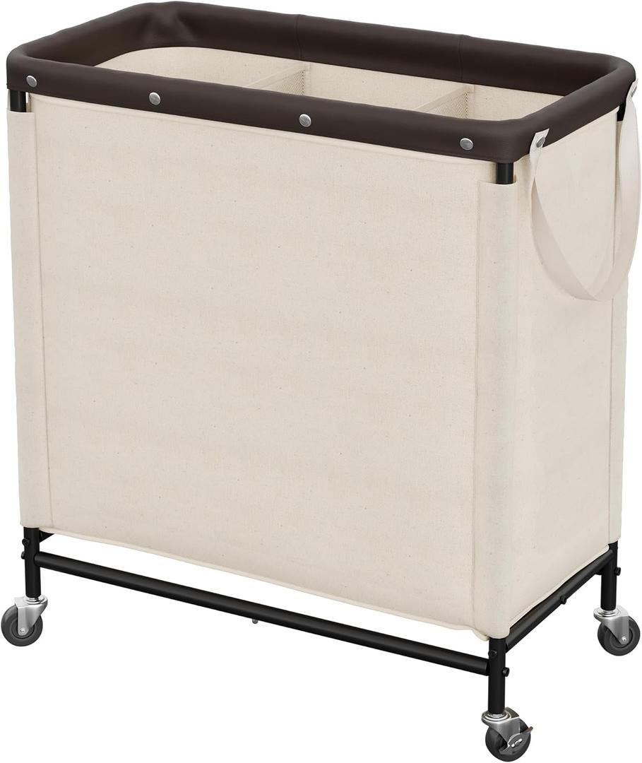StorageWorks 3 Section Laundry Hamper, Rolling Laundry Cart with Wheels and Handles, Laundry Room Double Sorter for Organizer and Storage, 31.7 Gal(120L), Beige