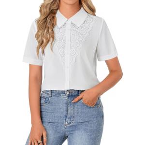 LYANER Women's Lace Collar Neck Short Sleeve Button Down Elegant Work Shirt Blouse Top (White, XS)