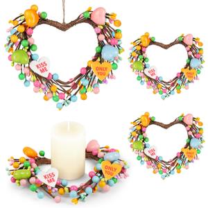 Valentine Candle Rings, 4 Pcs Conversation Heart Decor for Pillar Candles, Pink Felt Mini Wreath with Love Messages for Table, Cabinet, Candy Heart Centerpiece, Wedding & Home Decor