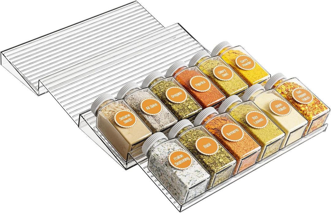 Yieach 2 Tier- 2 Set Acrylic Spice Drawer Organizer - Expandable From 11'' to 22'' Seasoning Drawer Organizer,Clear Spice Drawer and In Drawer Spice Rack,Jar,Spice Organization for Cabinet Drawer