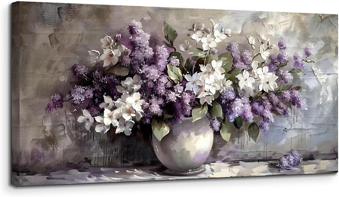 SERIMINO Large Wall Art for Living Room, Still Life Flowers Canvas Prints, Purple Floral Botanical Decor Paintings, Modern Aesthetic Pictures Wall Decor, Farmhouse Kitchen Artwork 24"X48"