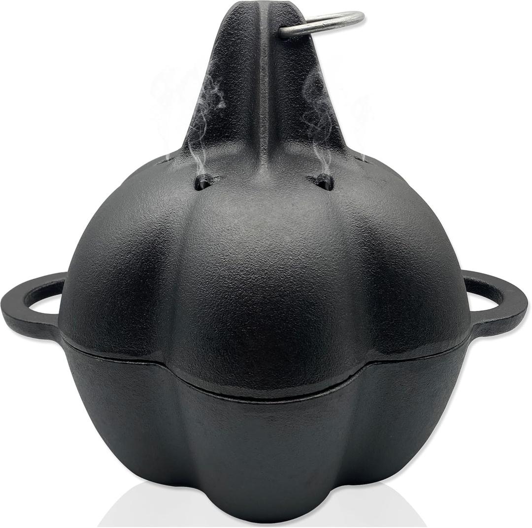 Large Cast Iron Smoker Roaster & Garlic Roster Baker, Smoker Box, Pre-Seasoned Cast Iron Garlic Roaster for Grill, Perfect for BBQ and Oven, for Smoky, Flavorful Vegetables, Meats Wood Chips (LG-Black)