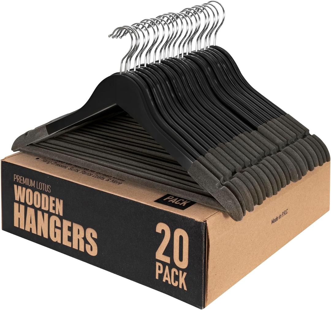 Black Wooden Hangers 20 Pack  Luxury Non-Slip Clothes Hangers for Suits, Pants & Coats  Velvet Bar & 360 Hook  Durable Wooden Coat Hangers for Men & Women- Heavy-Duty for Business & Homes SAMSARC