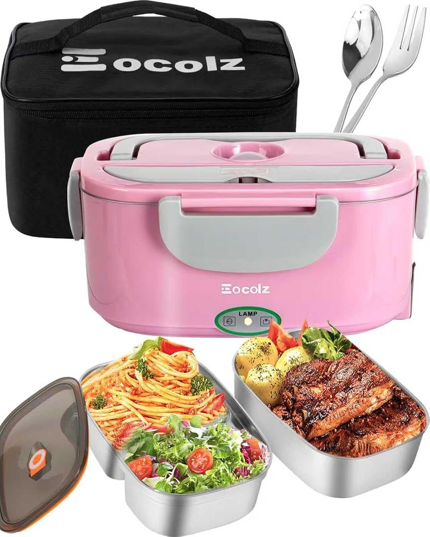 Eocolz Electric Lunch Box Food Heater 80-100W, Food Warmer with Dual Container 1.5L Portable Heated Lunch Box for Car Truck Work Stainless Steel Fork & Spoon 12/24/110V for Adults Lonchera Elctrica (Pink)
