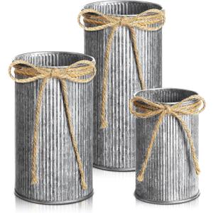 Zonon 3 Pcs Farmhouse Vase Decor with Twine Bow 4.33" Galvanized Flower Bucket 5.91" Metal Pots 7.09" Rustic Decorated Vases for Artificial Flowers Home Table Weddings Decor (Black)
