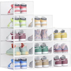 SONGMICS Stackable Shoe Boxes, Set of 12 Plastic Shoe Organizers with Door, Transparent, Easy Assembly, 9.1 x 13.1 x 5.6 Inches, for Shoes up to US Size 9, Transparent and Cloud White ULSP312W01