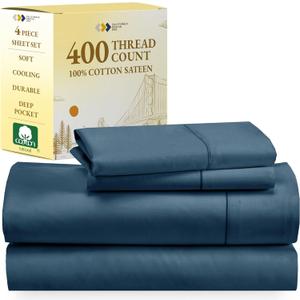 California Design Den Full Size Bed Sheets Set - Soft 400 Thread Count Sateen, Natural 100% Cotton Sheets with Deep Pockets, Breathable, Cooling and Durable Bedding Set - Peacock Blue