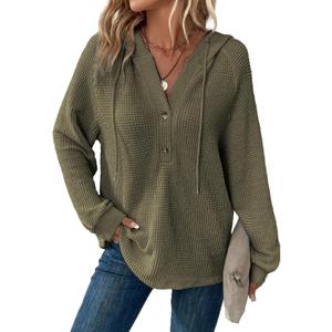 Dokotoo Hoodies for Women Waffle Knit Long Sleeve Drawstring Button V Neck Casual Pullover Sweatshirt Hooded Tops (Small, Green)