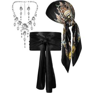 4 Pieces Women Pirate Costume Accessories Pirate Hat Head Scarf Sash Belt Necklace Earrings for Halloween Cosplay (Plus Size, Black)