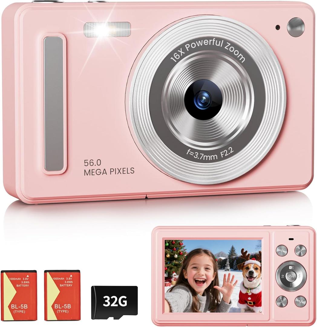 Digital Camera, FHD 1080P Point and Shoot Camera with 32GB SD Card, 2 Batteries, 16X Zoom, Anti Shake, Compact Small Design for Kids Teens Students Girls Boys (Pink)