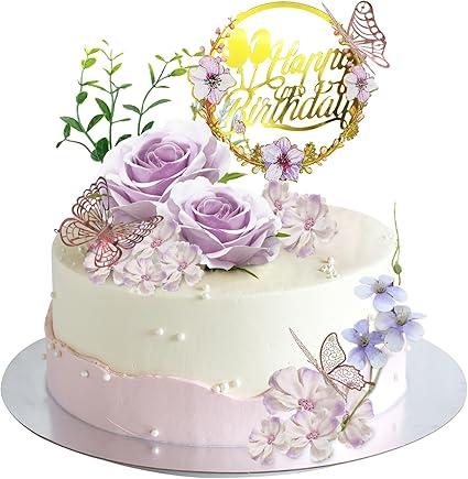 19 PCS Flower Cake Toppers Butterfly Cake Decorations Happy Birthday Cake Toppers with Artificial Purple Rose Flowers Pea Blossoms Butterflies for Women Birthday Wedding Party Supplies