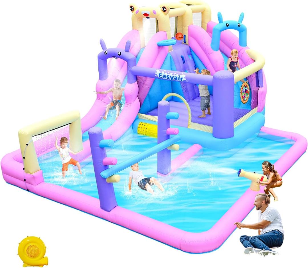 Inflatable Bounce House Water Slide Combo, Blow Up Water Slides for Backyard, Kids Jumper with Climbing Wall, Basketball Hoop, Splash Pool with Blower