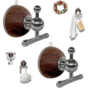 2 x T-Bar Suction Cup Hooks for Shower - Suction Cup Wreath Hanger for Front Door, Reusable, Multifunctional Hooks for Bathroom Window Door Glass Kitchen (Walnut, 2-Pack)