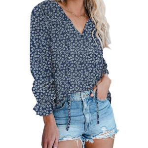Dokotoo Women's Casual Boho Floral Printed V Neck Tops Drawstring Short Long Sleeve T Shirt Blouses (S)