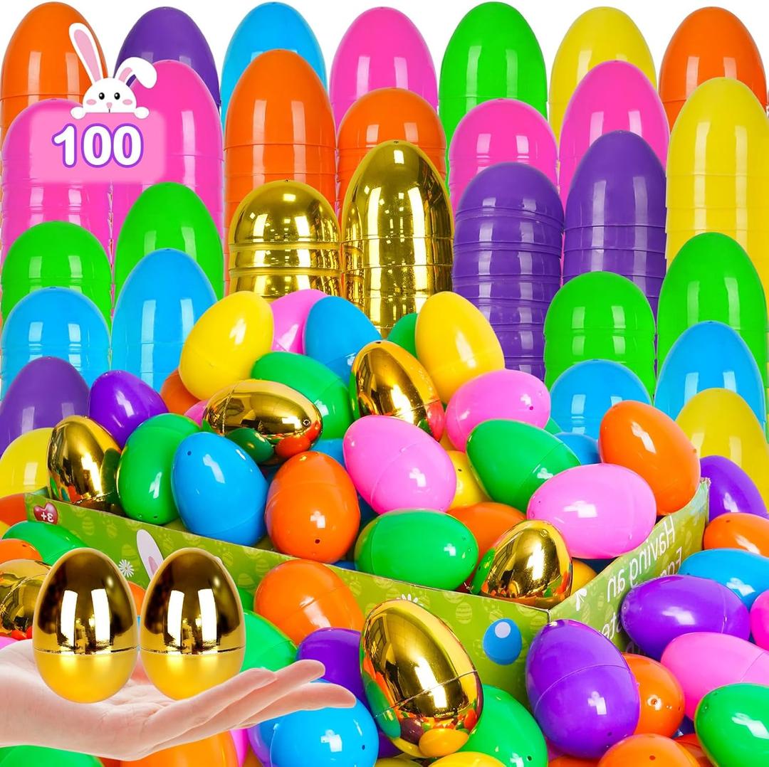[6 Golden Eggs] 100 PCS 2.4" Fillable Plastic Easter Eggs Empty Easter Eggs Colorful Plastic Eggs Bulks for Kids Teens Boys Girls Easter Basket Stuffers Hunt Easter Party Favor