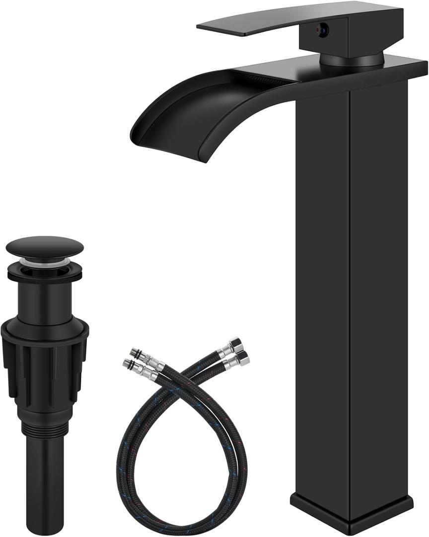 Vessel Sink Faucet Waterfall Tall Bathroom Faucet Single Handle,Single Hole Lavatory Vanity Mixer Tap with Pop Up Drain and Supply Lines,Matte Black