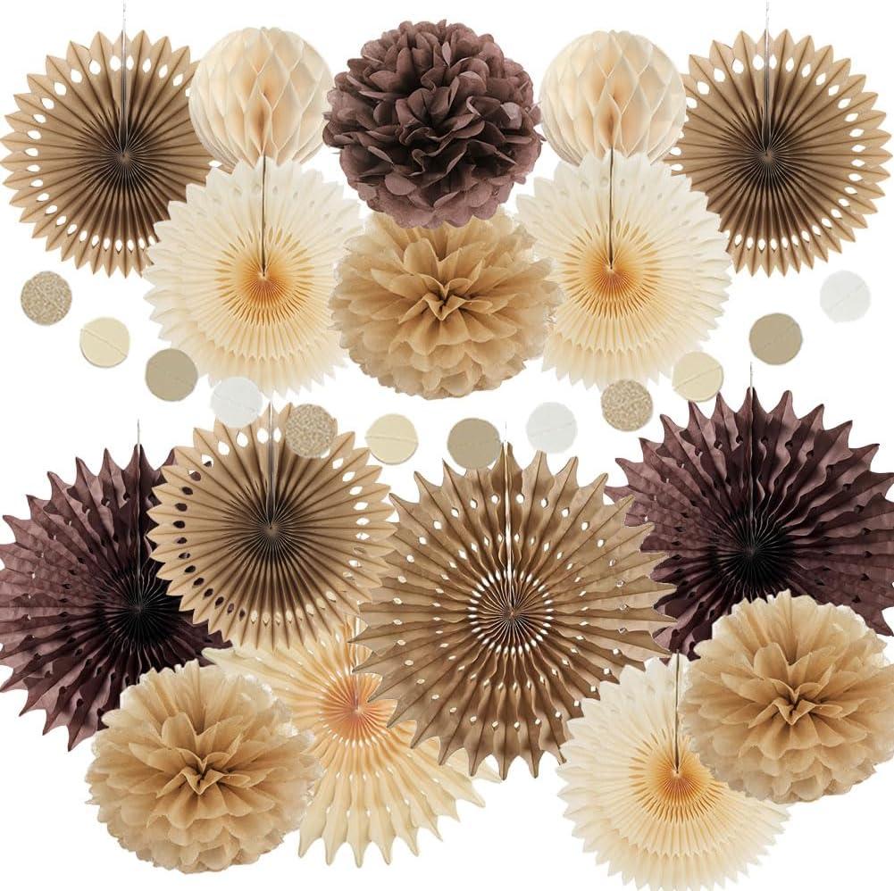 Brown Party Decorations Brown and Beige Paper Fans Party Decorations Neutral Party Decorations Honeycomb Balls Beige Rustic Birthday Wedding Boho Baby Shower Brown Engagement Party Decorations
