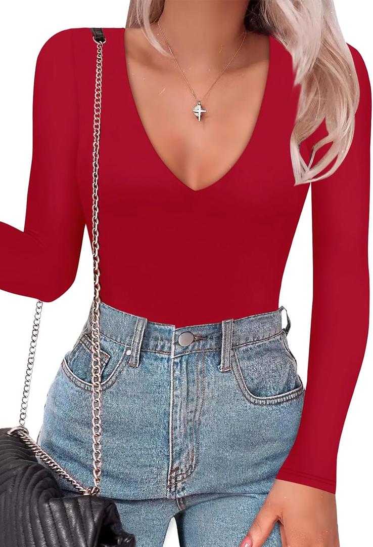 SAUNGKUAI Women's Plunge Deep V Neck Long Sleeve Bodysuit Double Lined Thong Body Suit Shirt Tops (Medium, Red)