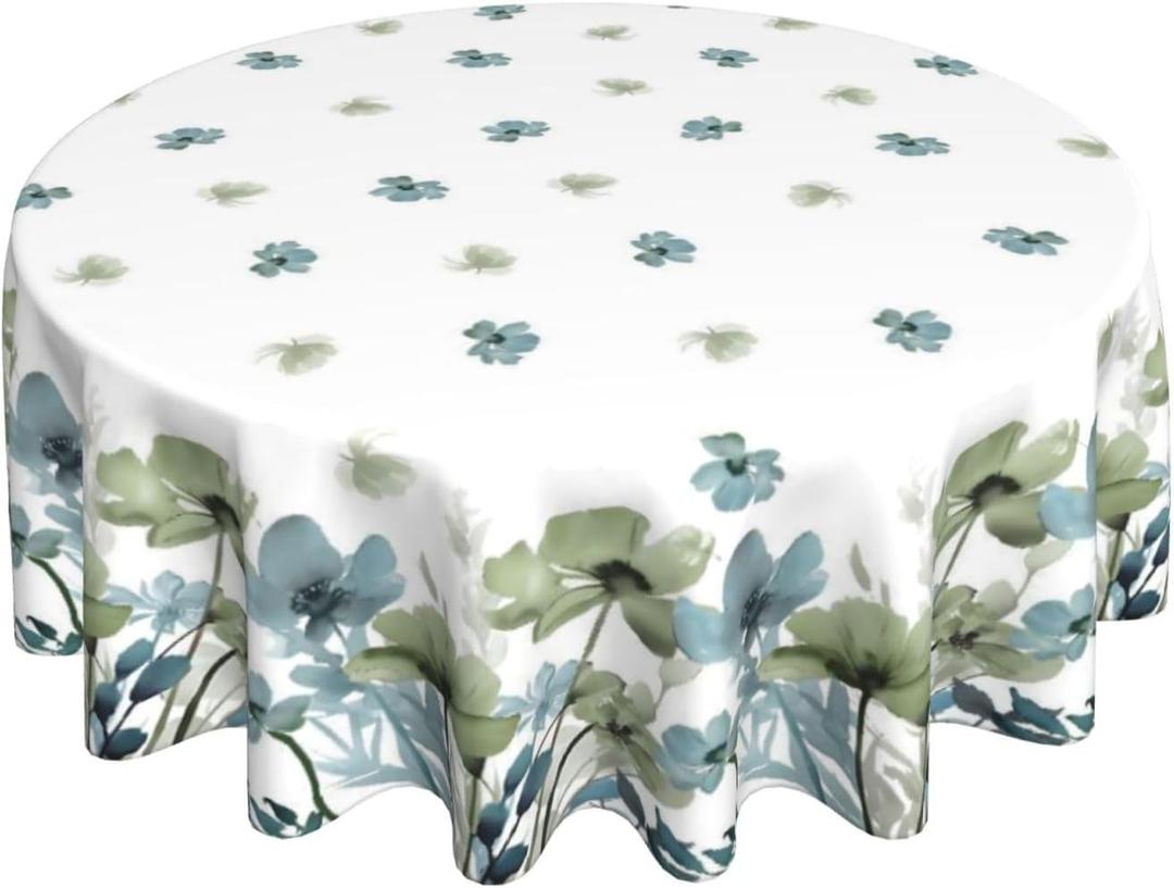 Spring Round Tablecloths 70 Inches Watercolor Sage Green Blue Floral Decorative Round Tablecloths Modern Summer Flower Washable Reusable Circle Table Covers for Home Kitchen Dining Room,Party