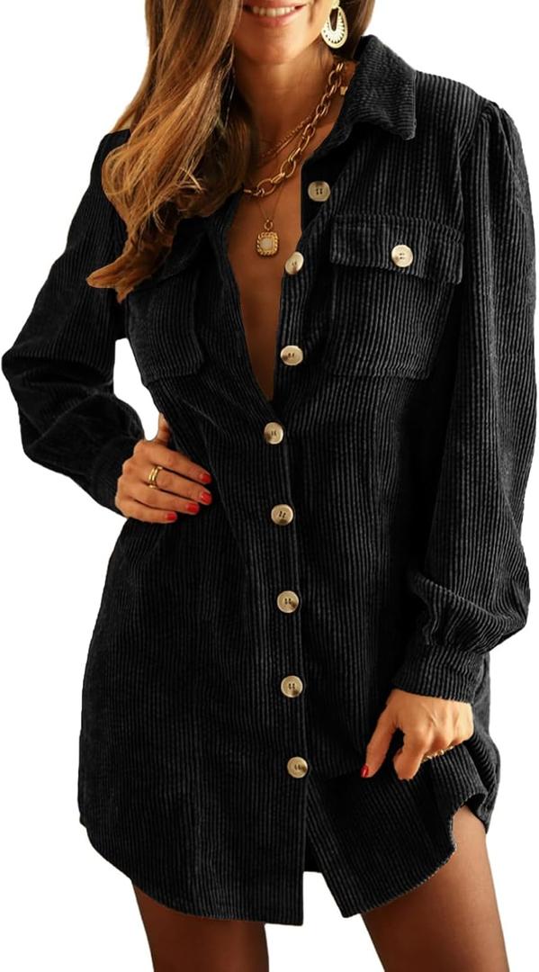 Alaster Queen Women's Corduroy Long Sleeve Short Dresses Fall Winter Button Down Work Tunic Dress with Pocket (Black< S)
