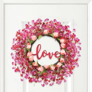 22 Inch Valentines Day Wreaths for Front Door, Pink Tulip Artificial Wreath with Berries & Green Leaves, Valentine Wreath Decor for Home Indoor Outdoor