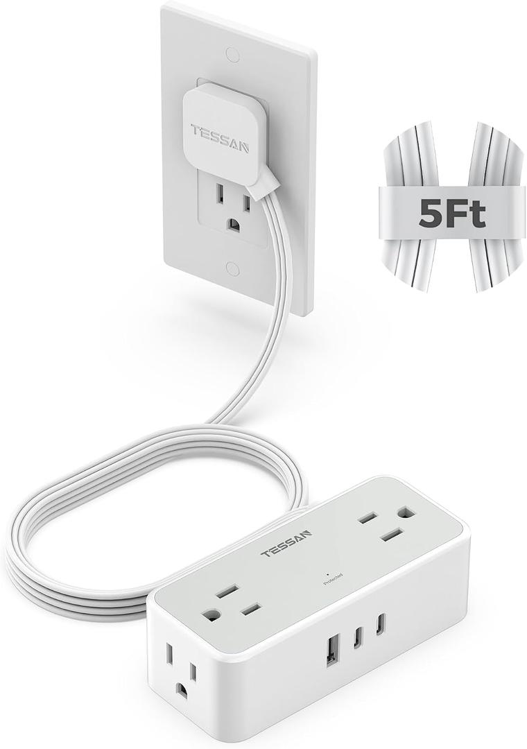TESSAN Flat Plug Extension Cord 5 FT, Surge Protector Power Strip with 4 AC Outlets 2 USB C and 1 USB A Ports, 900 Joules Protection, Multiple Wall Outlet Extender Suitable for Office Dorm, Grey