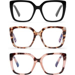 DOOViC 3 Pack Oversized Reading Glasses for Women Blue Light Blocking Square Stylish Computer Readers