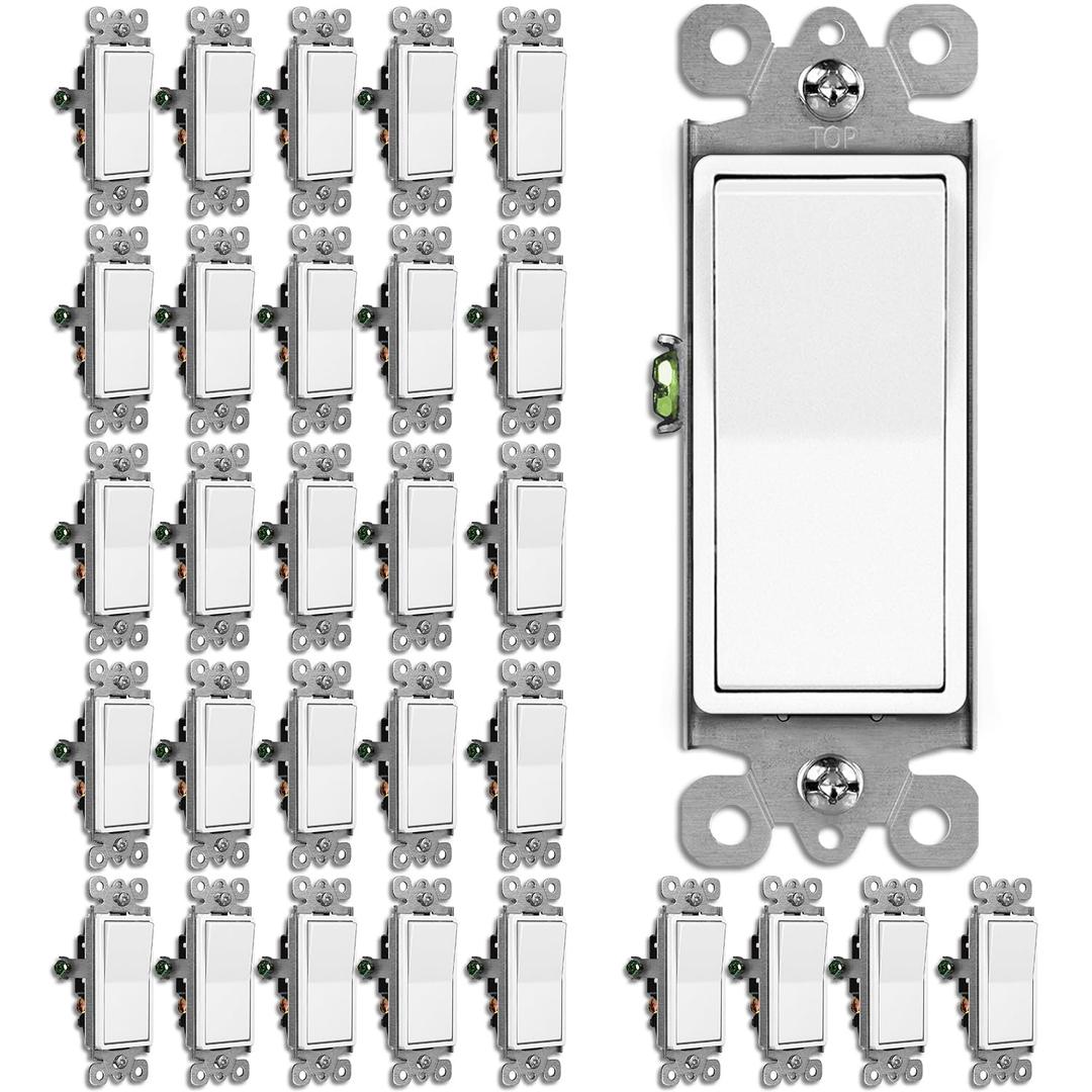 [30 Pack] BESTTEN 3-Way Decorator Wall Light Switch, 15A/ 120V, Paddle Wall Switch, On/ Off Rocker Interrupter, ETL Listed, White